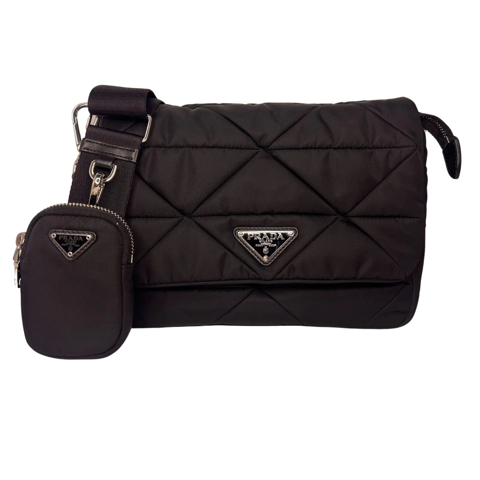 Prada Quilted Re-Nylon Crossbody Bag with Detachable Pouch Black - Lost Designer