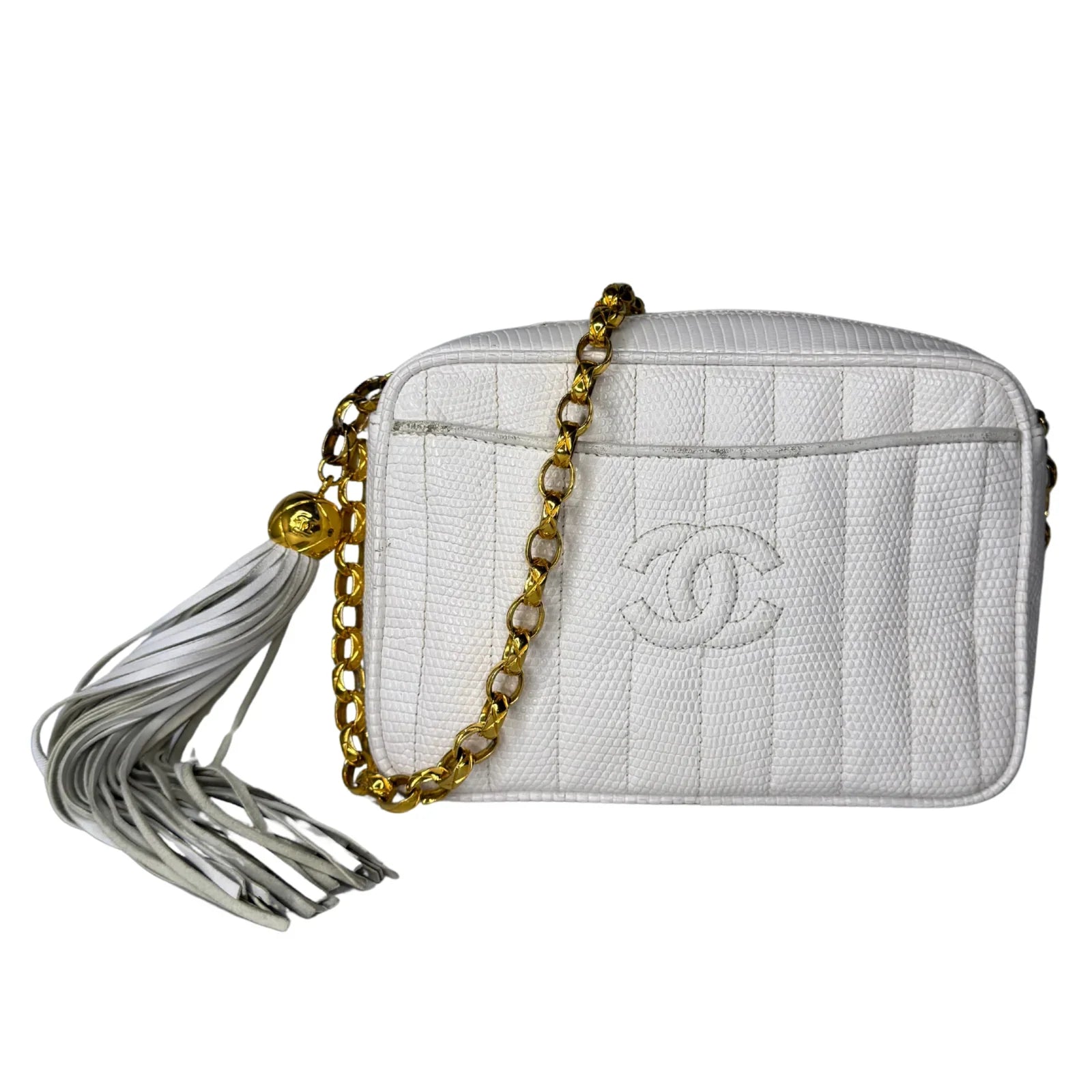 Chanel Vintage White Lizard Tassel Camera Crossbody Bag - Lost Designer