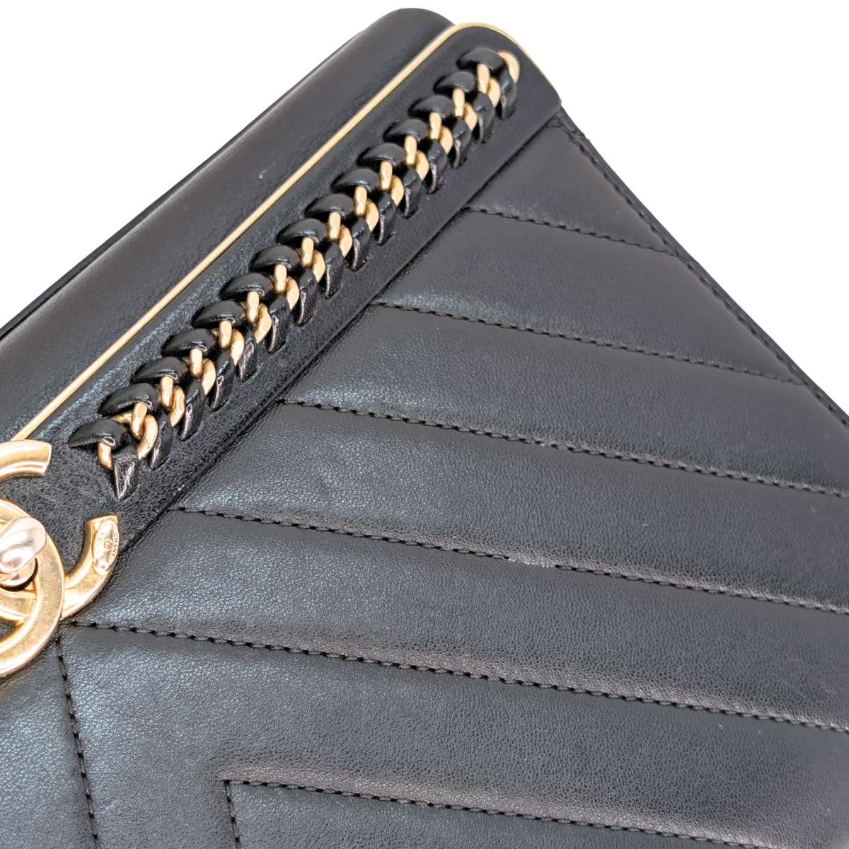 Chanel Chevron Lambskin Stitched Chain Top Handle Flap