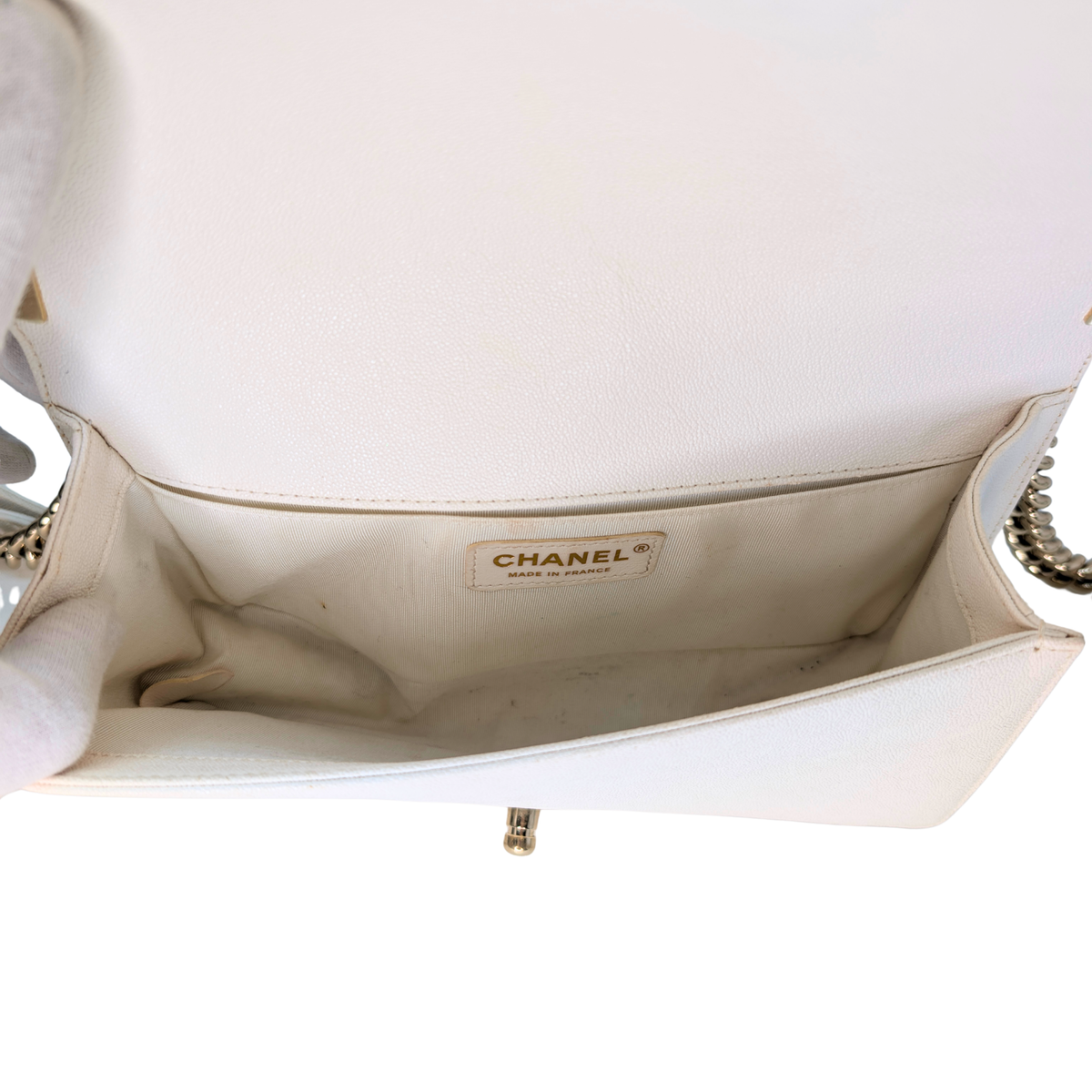 Chanel Caviar Chevron Quilted New Medium Boy Flap White