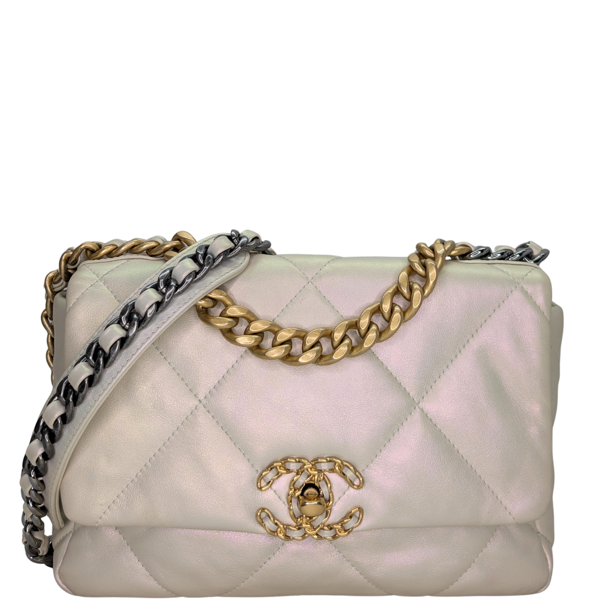 Chanel 19 Medium Calfskin Flap Iridescent White