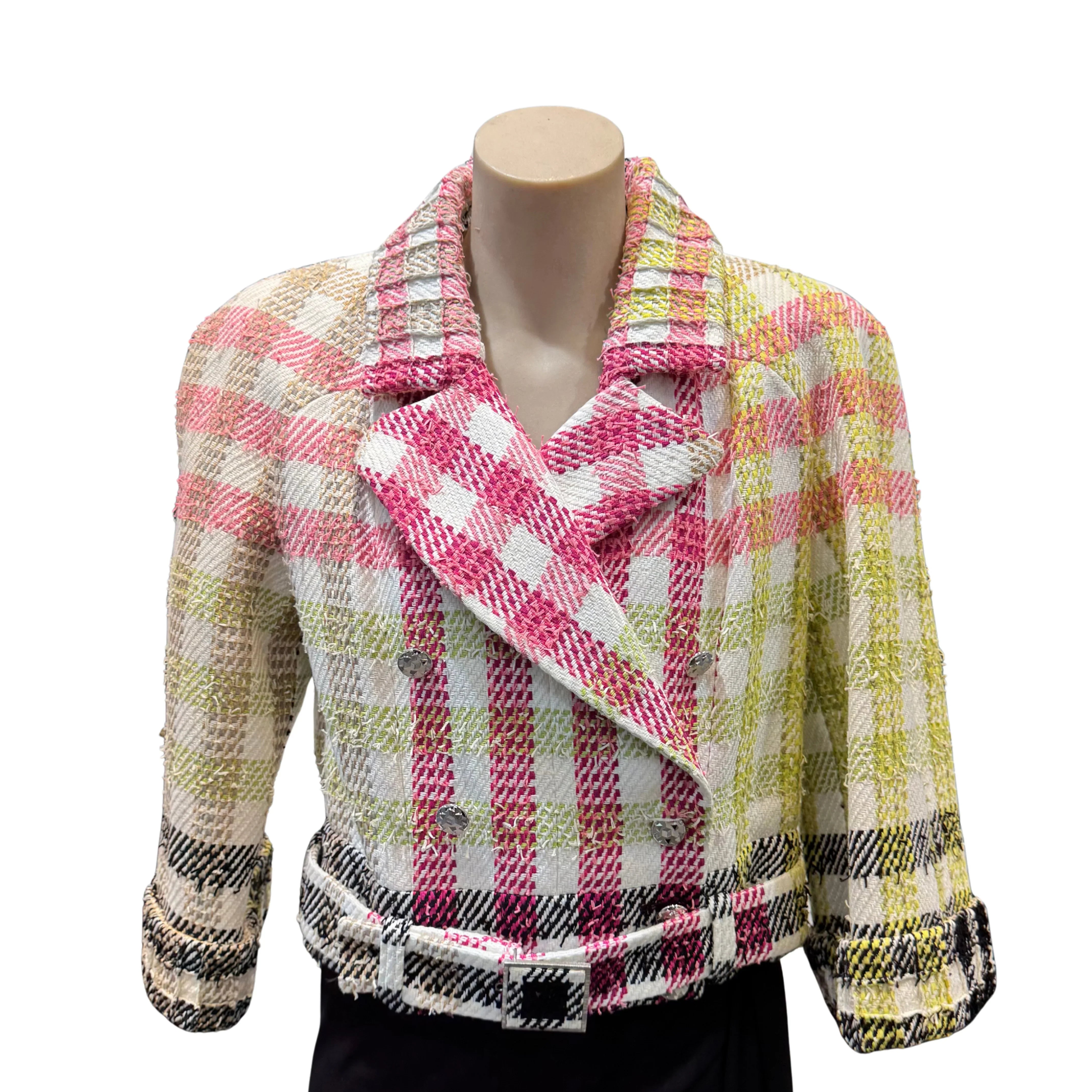 Chanel Multicolor Checked Tweed Cropped Belted Jacket size 40 - Lost Designer