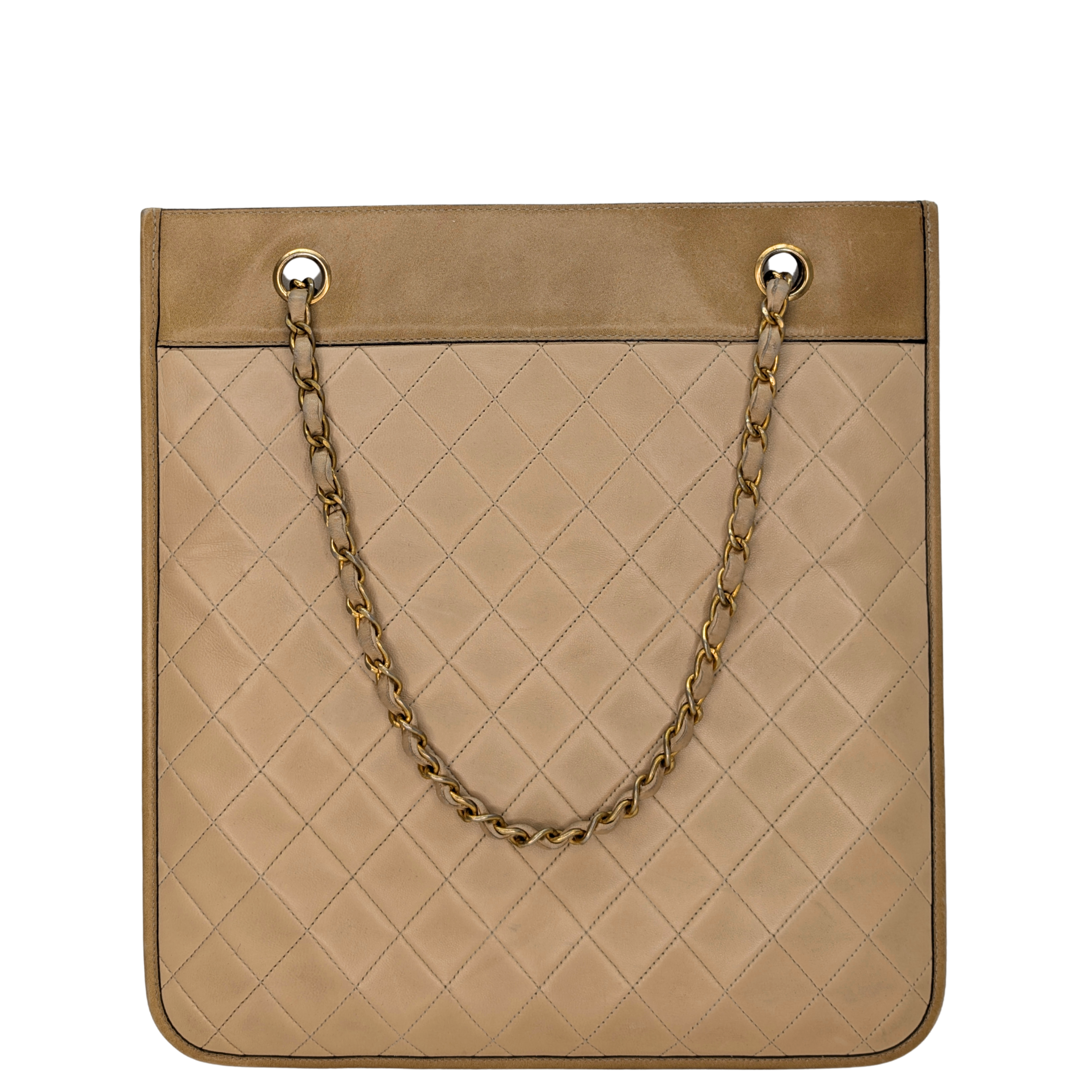 Chanel CC Vintage Quilted Flat Tote Bag Beige