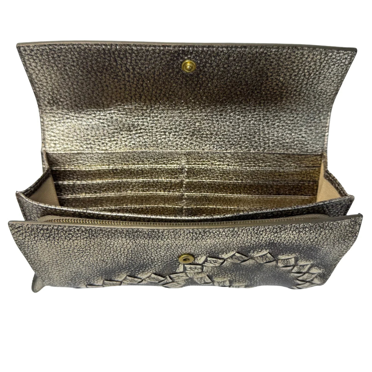 Bottega Veneta Metallic Pewter Woven and Pebbled Leather Long Wallet - Lost Designer