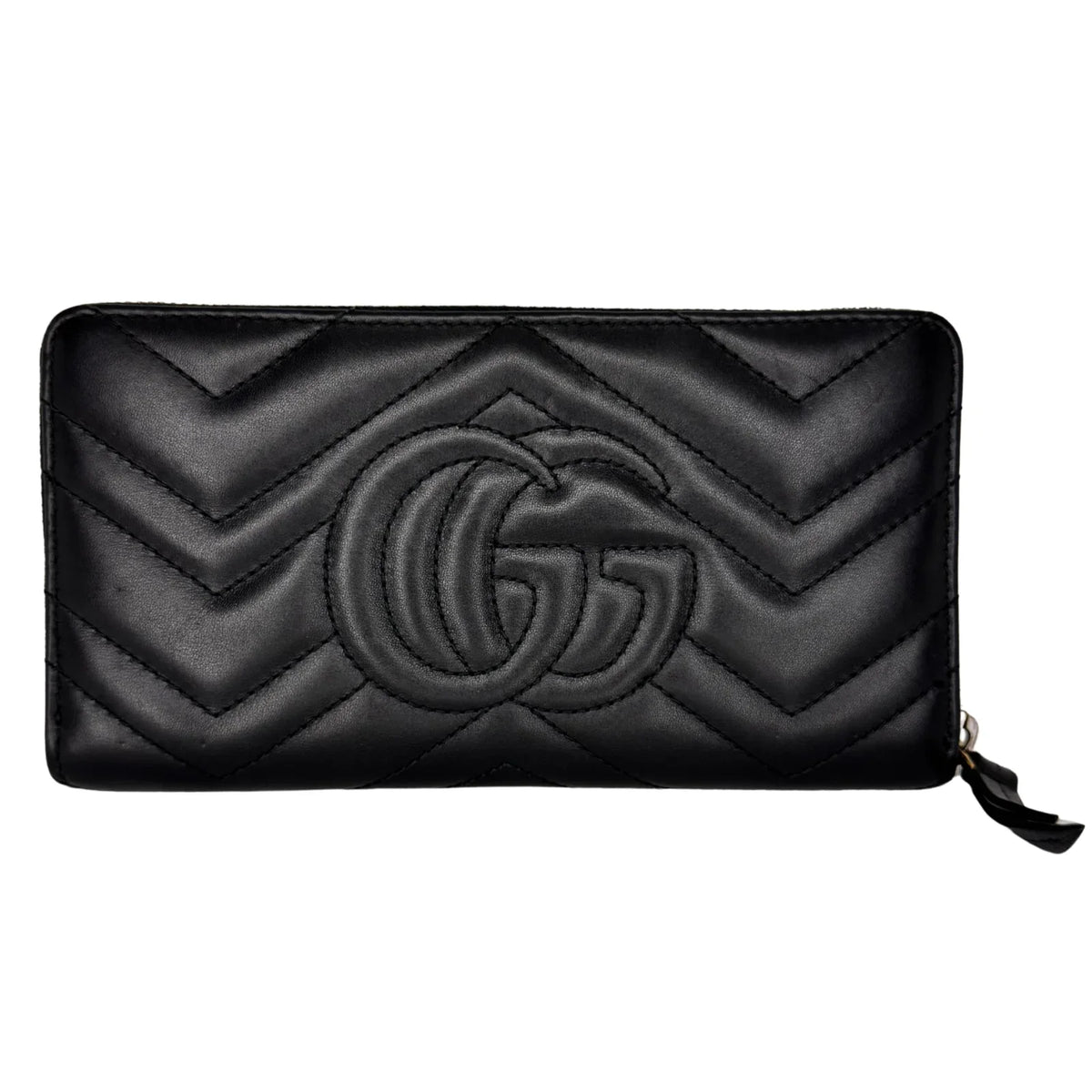 Gucci GG Marmont Zip-Around Long Wallet Black Matelassé Chevron Leather - Lost Designer