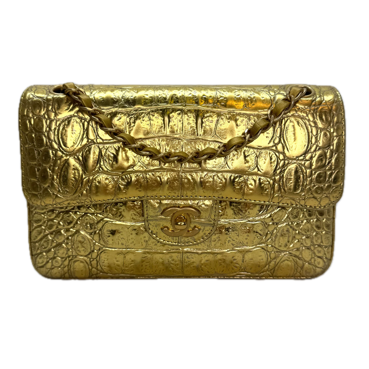 Chanel Double Flap Gold Egyptian Fall 2019 Medium embossed Crocodile Bag - Lost Designer