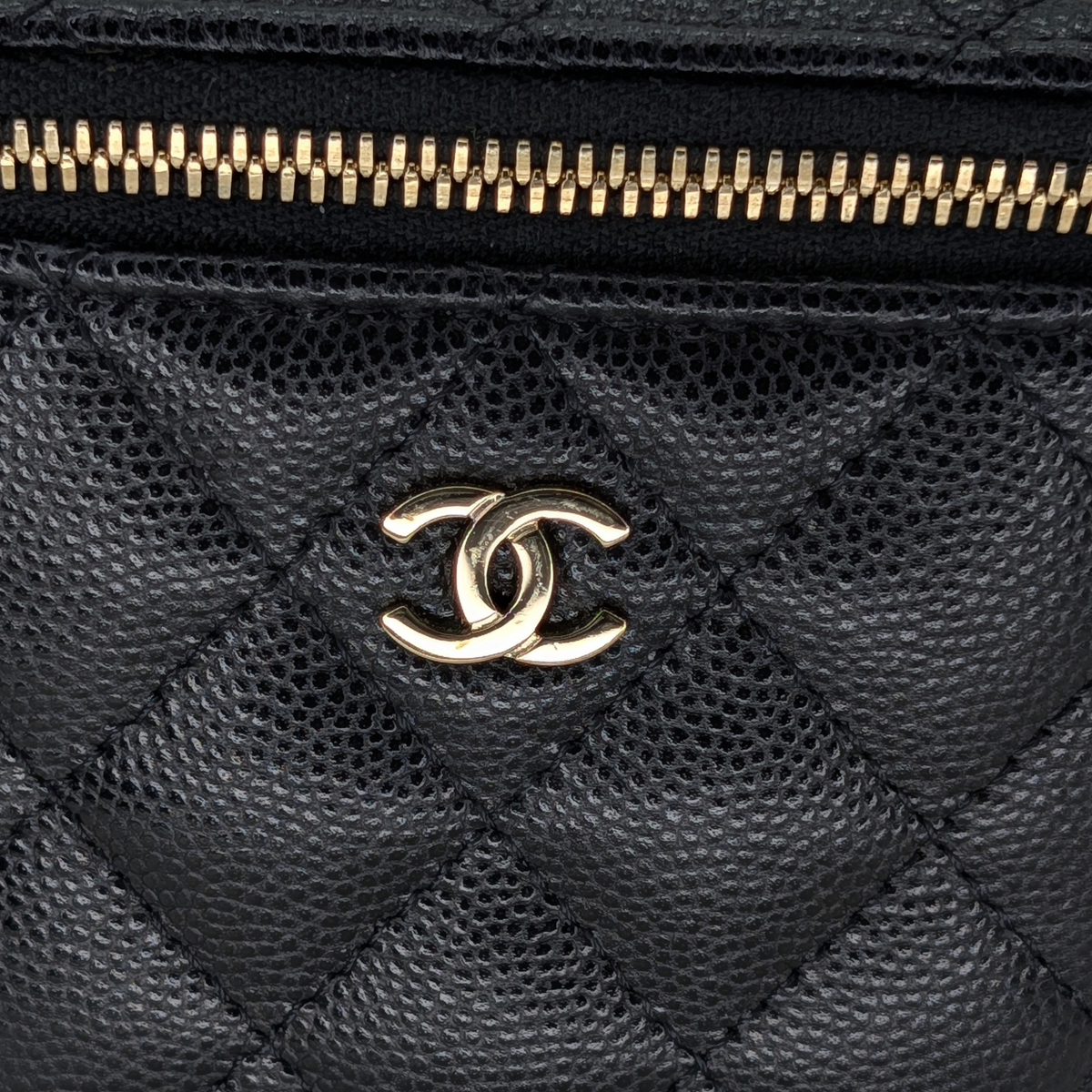 Chanel Caviar Quilted Small Vertical Coco Beauty Vanity Case with Chain Black