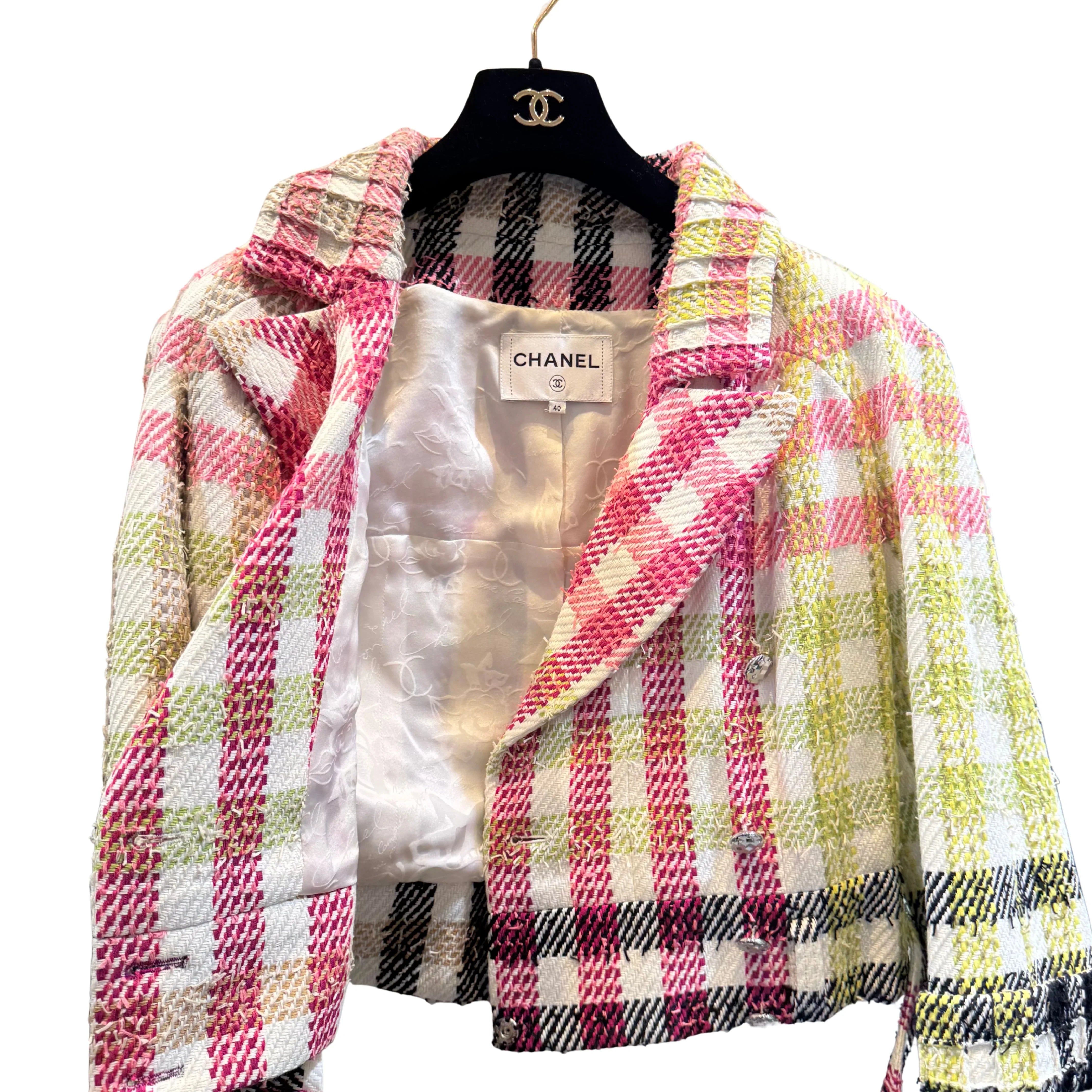 Chanel Multicolor Checked Tweed Cropped Belted Jacket size 40 - Lost Designer