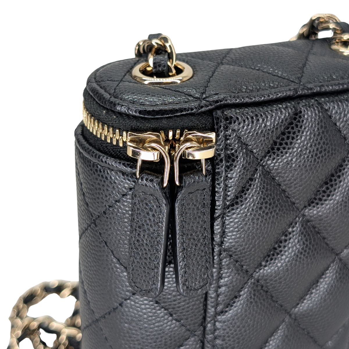 Chanel Caviar Quilted Small Vertical Coco Beauty Vanity Case with Chain Black