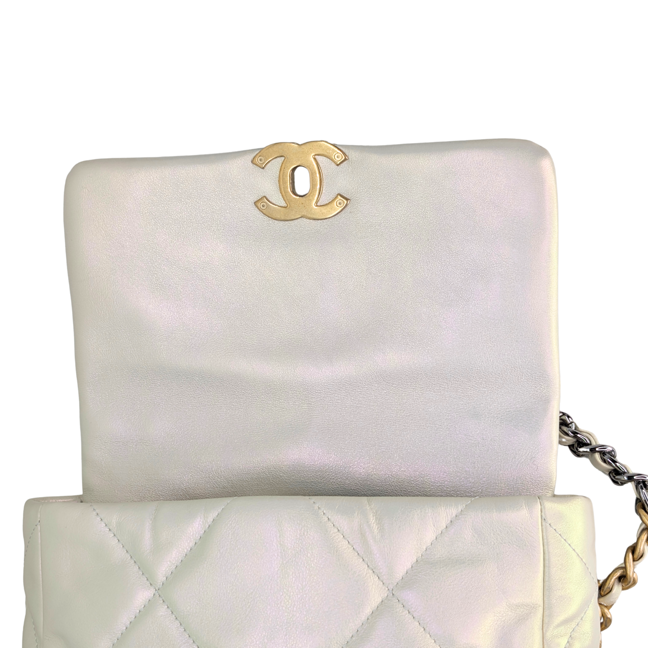 Chanel 19 Medium Calfskin Flap Iridescent White