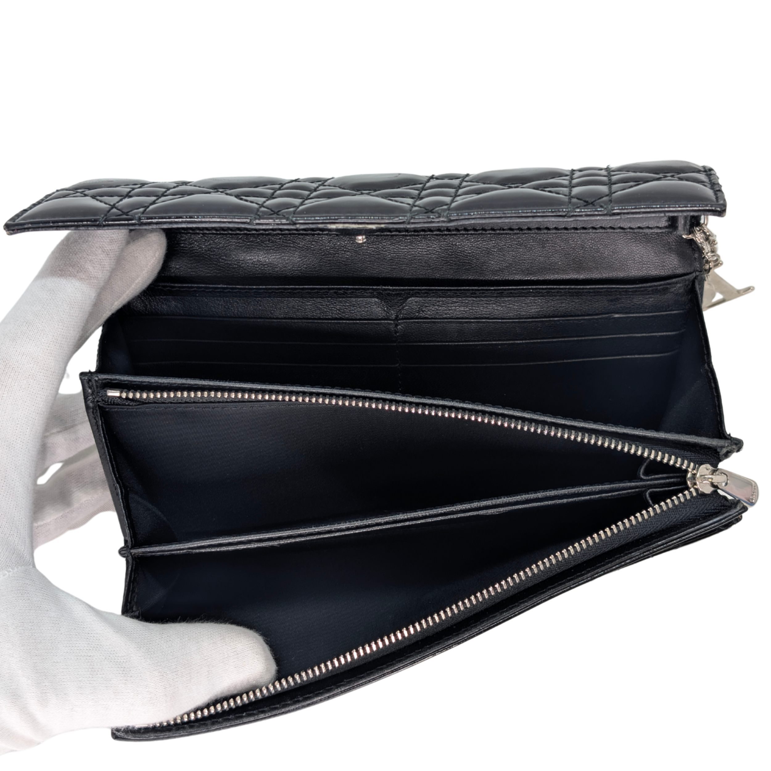 Dior Patent Leather Long Wallet With Chain Black
