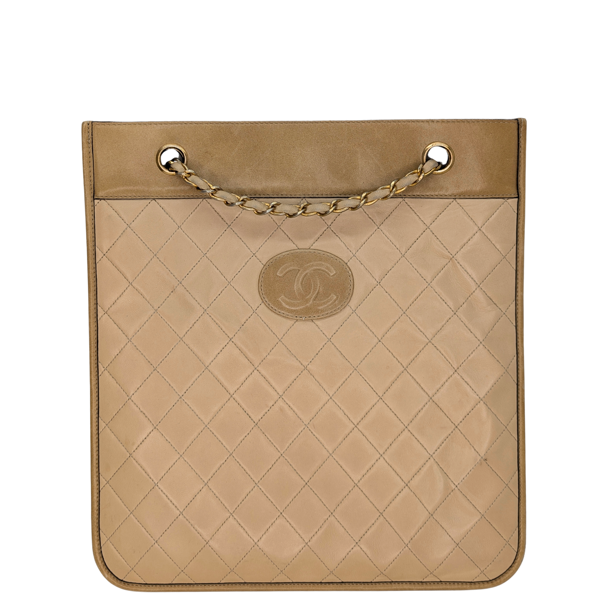 Chanel CC Vintage Quilted Flat Tote Bag Beige