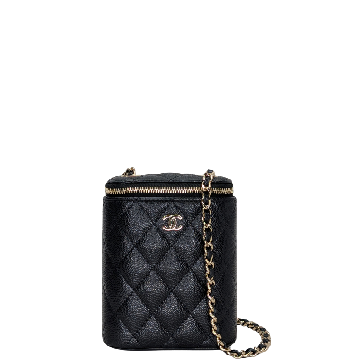 Chanel Caviar Quilted Small Vertical Coco Beauty Vanity Case with Chain Black