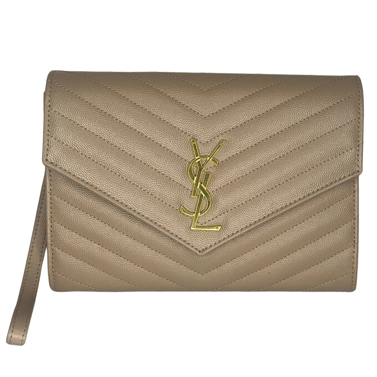 Saint Laurent Cassandra Clutch – Chevron Quilted Leather Beige - Lost Designer