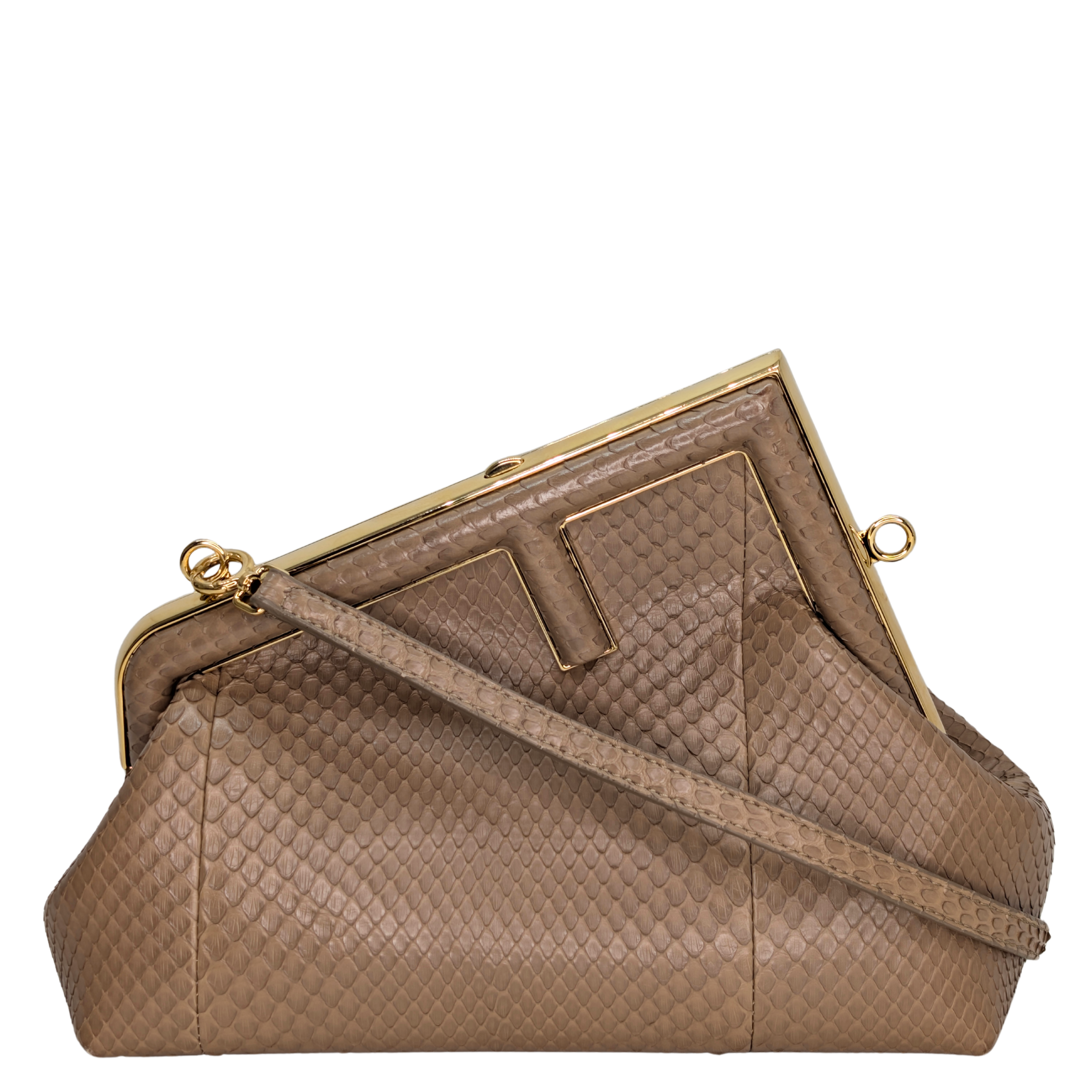 Fendi First Bag Clutch Small Full Snake Python Dark Beige