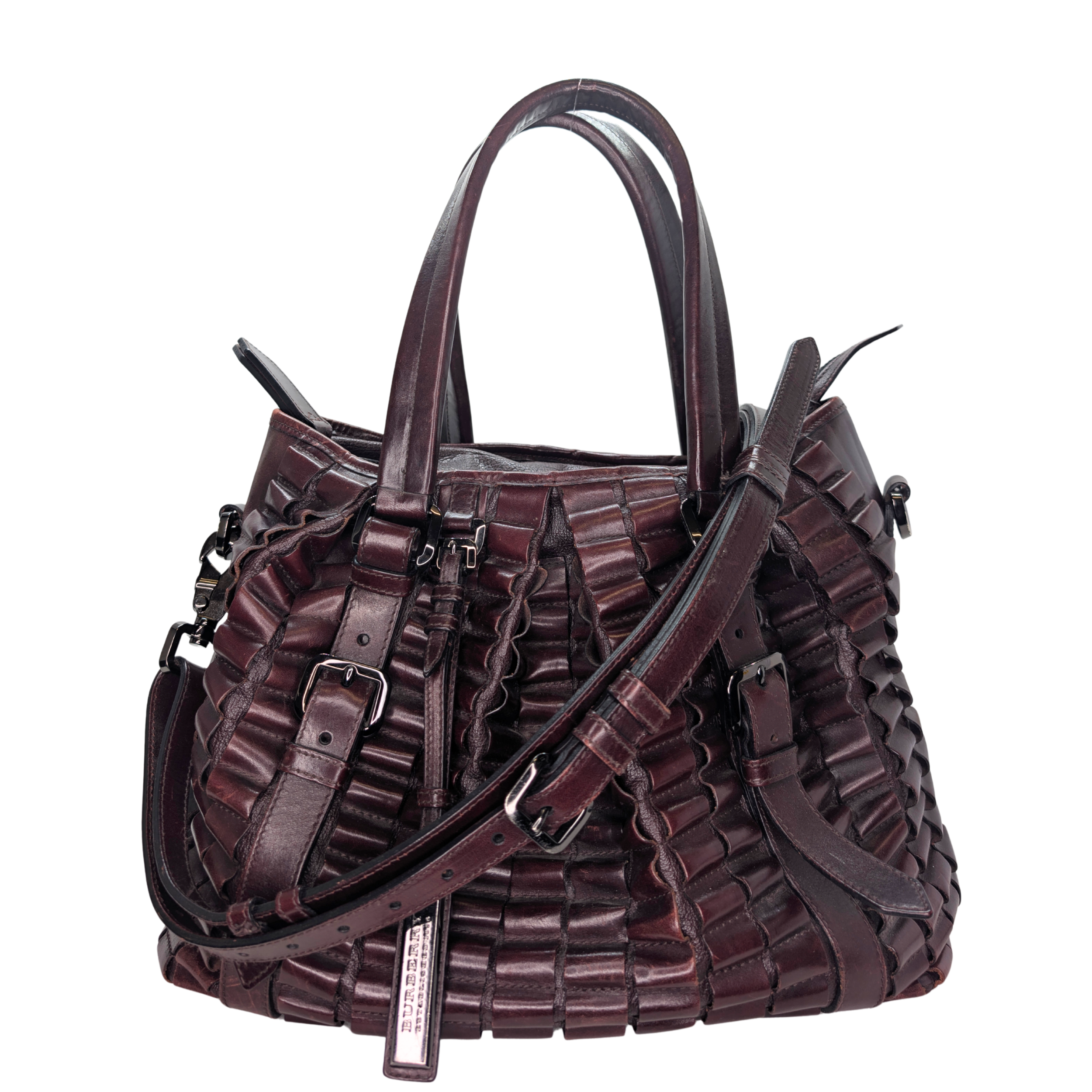 Burberry Leather Cartridge Pleat Tote Bag Burgundy