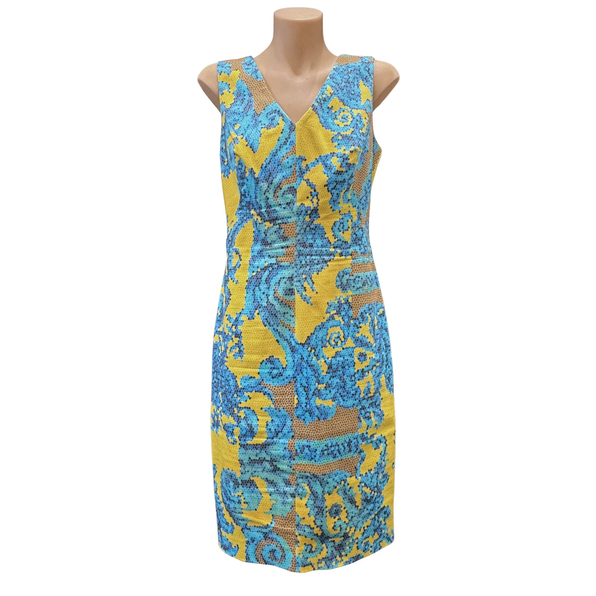 Versace Yellow x Blue Baroque Print Sleeveless Sheath Dress Size 42 - Lost Designer