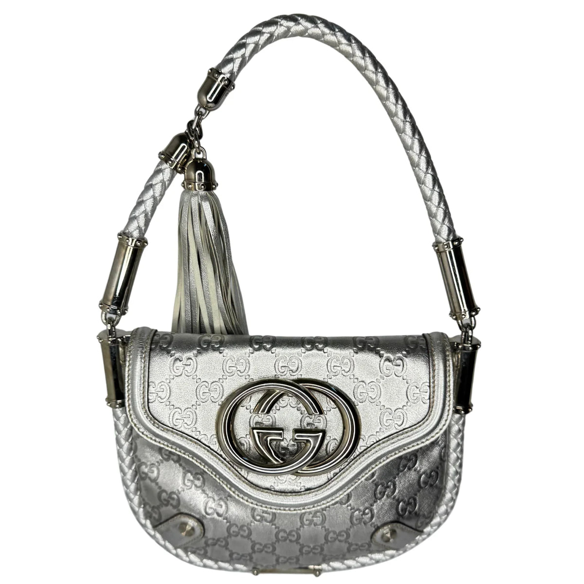 Gucci Guccissima Small Britt Tassel Shoulder Bag – Silver - Lost Designer