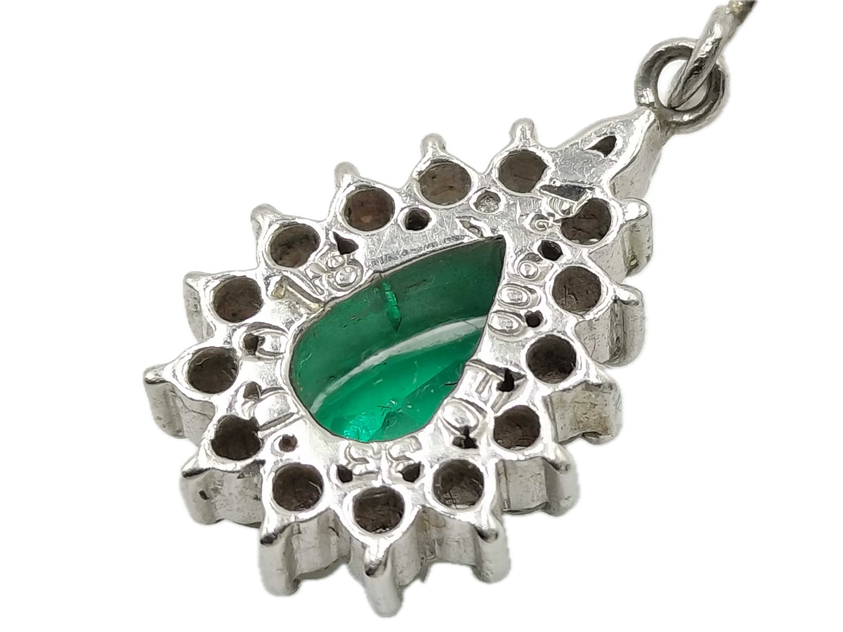 Platinum 900 Natural Emerald 0.40ct & Diamond 0.15ct Pear Halo Pendant - Lost Designer