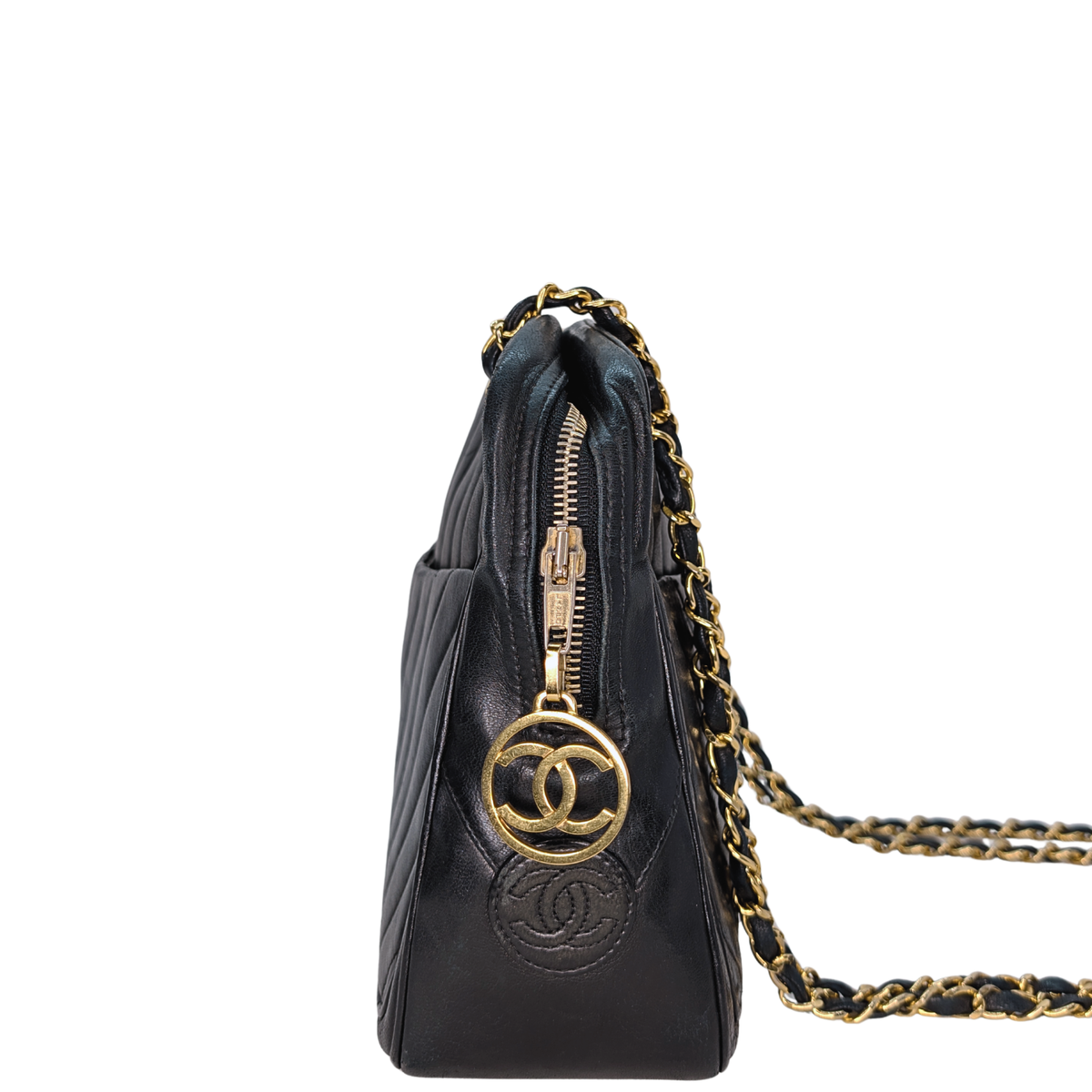 Chanel Vintage Chevron Quilted Camera Bag Black