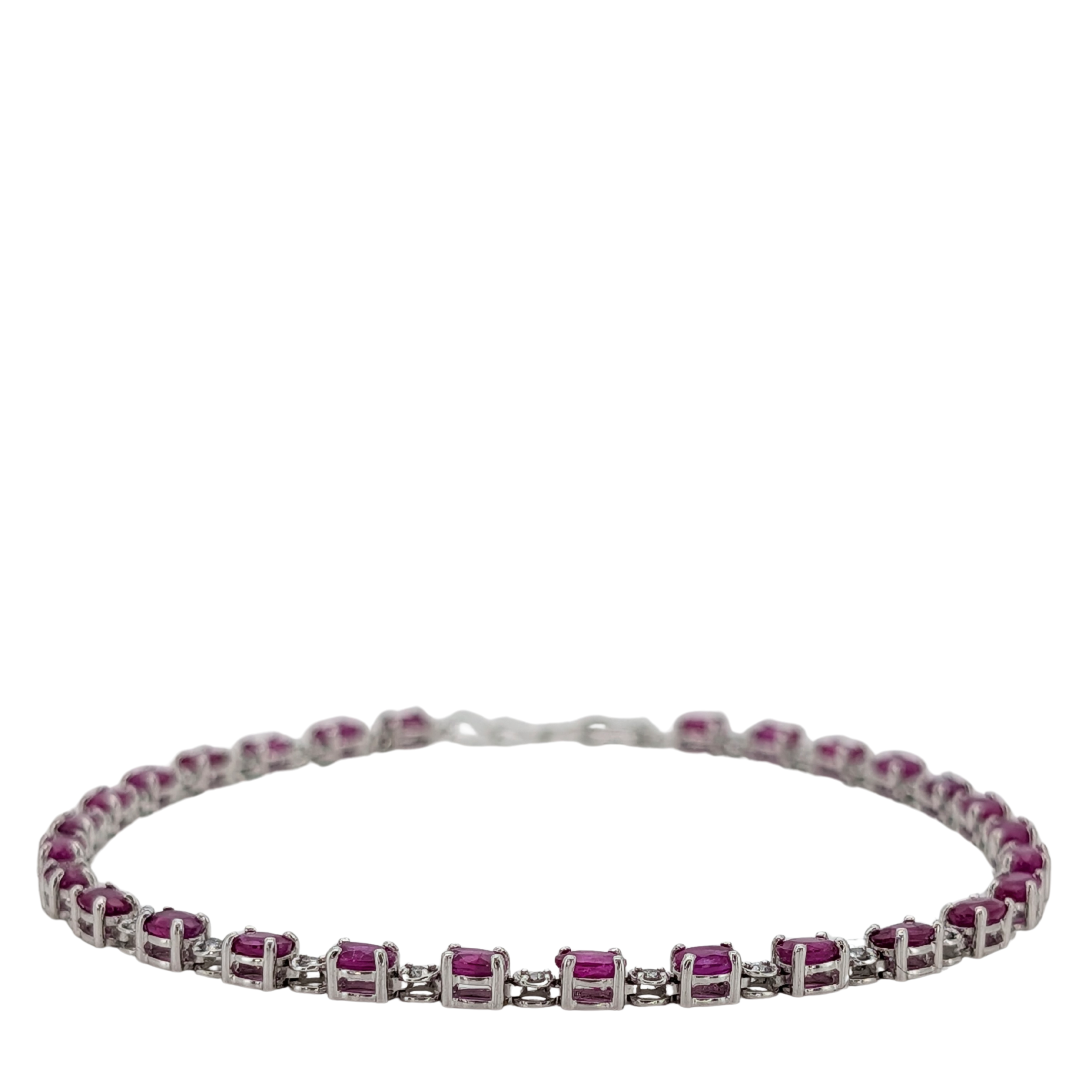 3.00Ct Natural Ruby & 0.27Ct Diamonds Tennis Bracelet In 18K White Gold