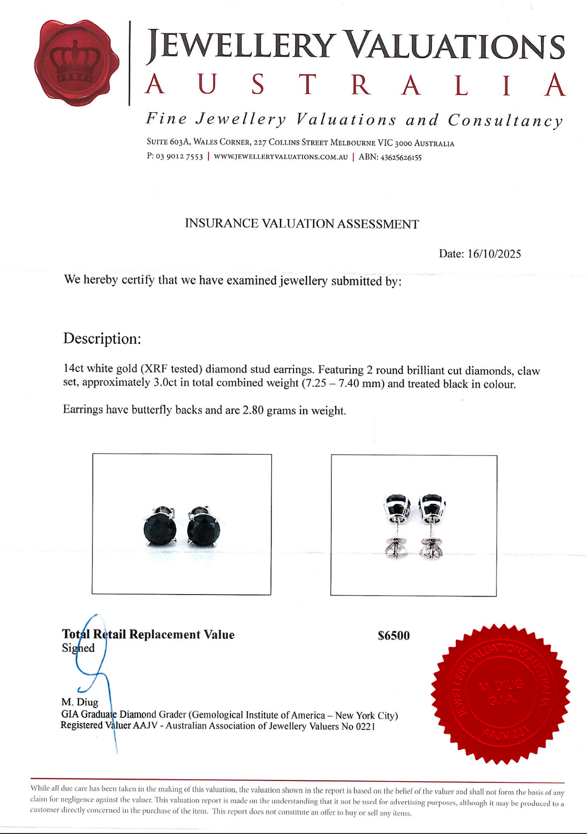 3.0Ct Black Diamond Brilliant Cut Stud Earrings On 14K White Gold