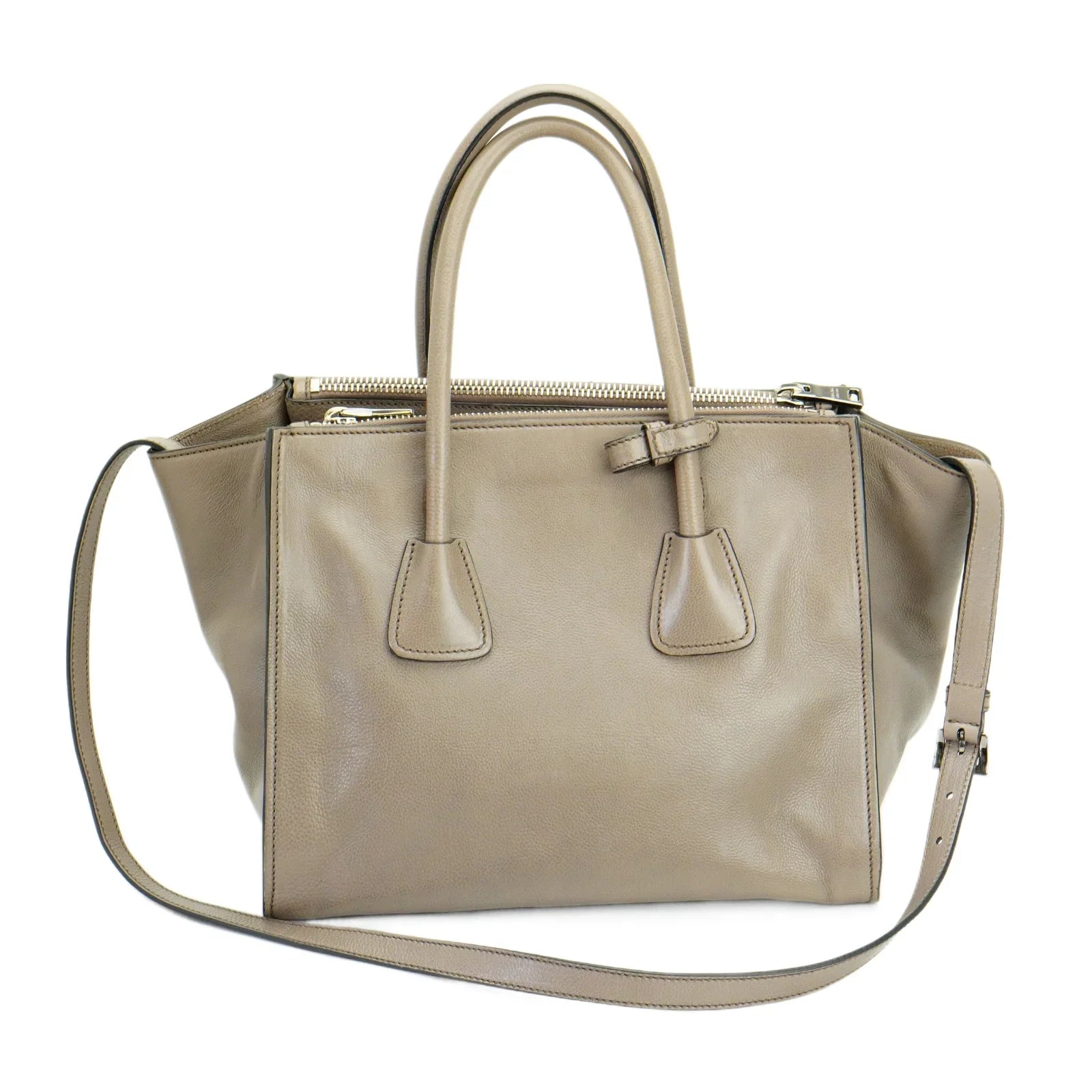 Prada Twin Pocket Tote Glace Calf Leather Bag Taupe - Lost Designer